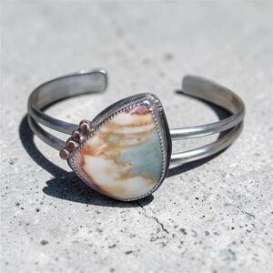 925 Sterling Silver Polychrome Jasper Bracelet Cuff Size 7
